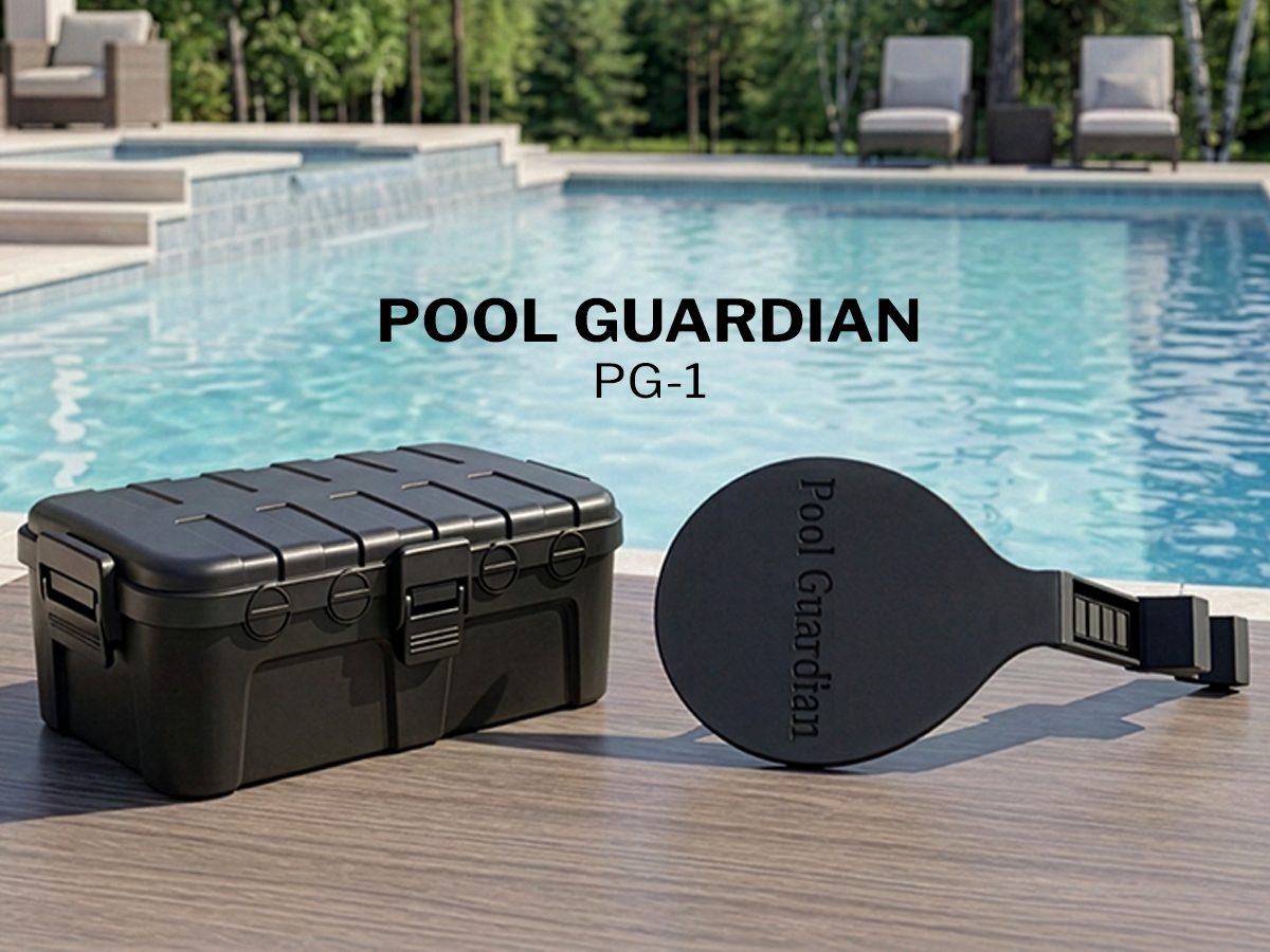 Pool Guardian PG-1 controller and sensor mount on a poolside deck